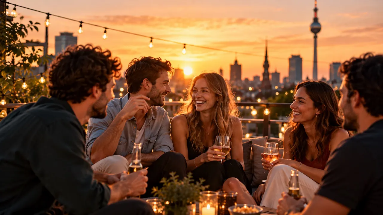 Freunde lachen zusammen auf einer Dachterrasse in Berlin bei Sonnenuntergang
