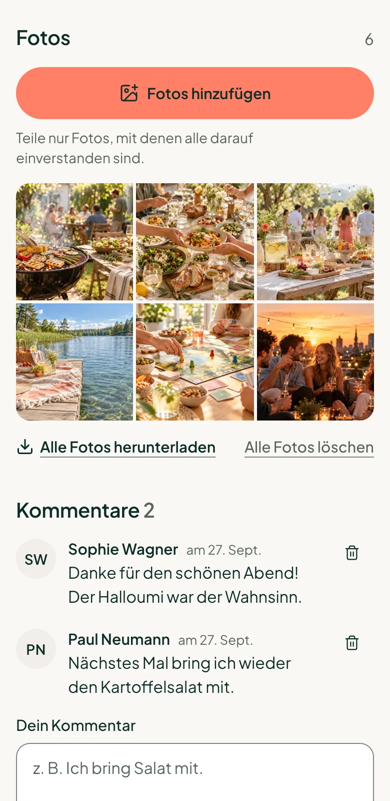 Das Album „Fotos“ auf der Einladung zum Grillabend: sechs Fotos, „Fotos hinzufügen“ und „Alle Fotos herunterladen“