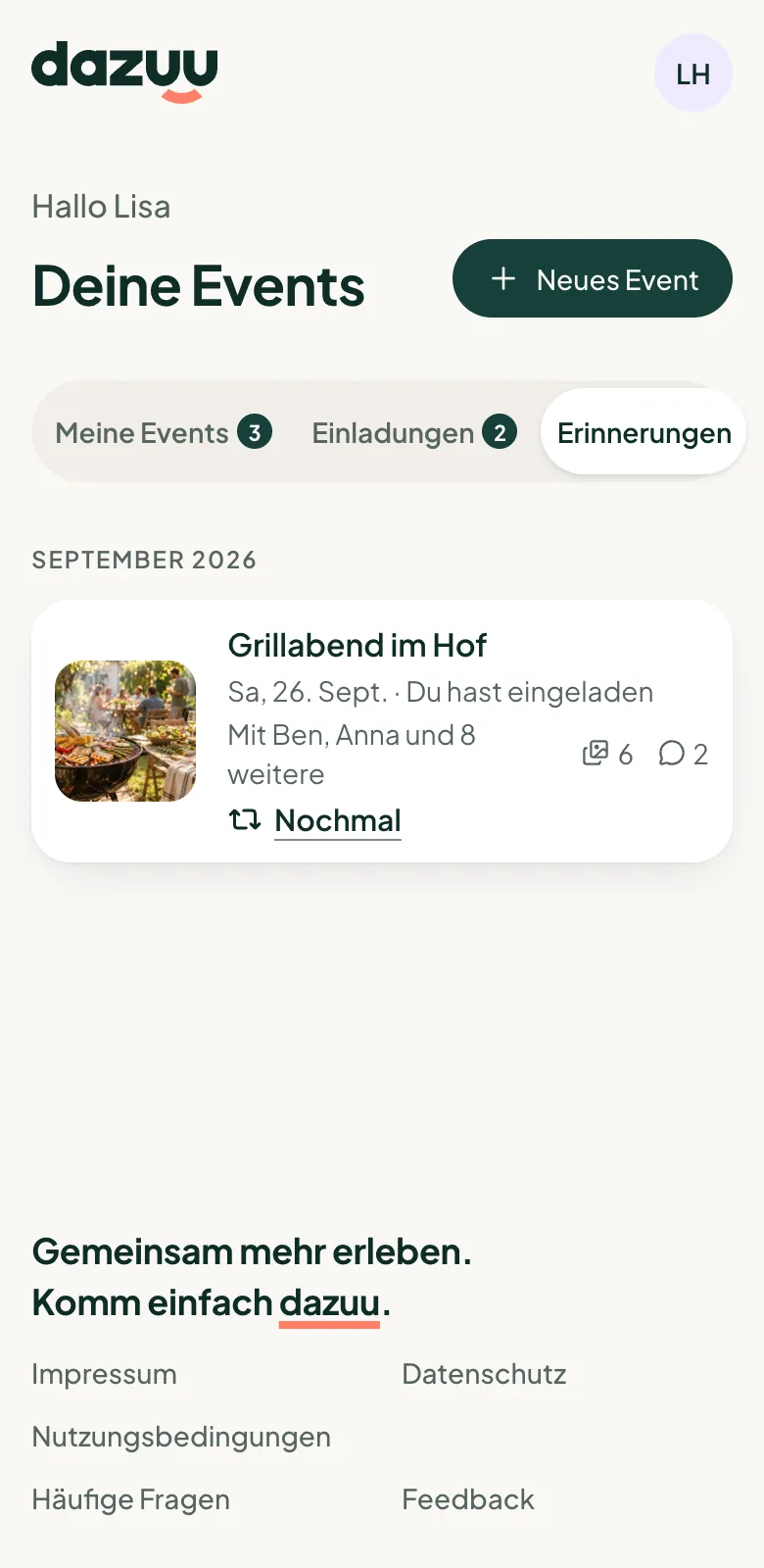 „Deine Events“ mit dem Tab „Erinnerungen“: der Grillabend im Hof vom September mit sechs Fotos und „Nochmal“
