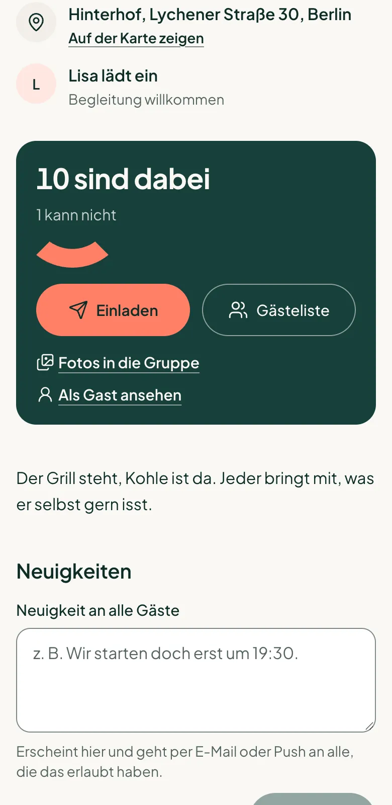 Die Gastgeber-Ansicht nach dem Grillabend mit „10 sind dabei“ und dem Link „Fotos in die Gruppe“