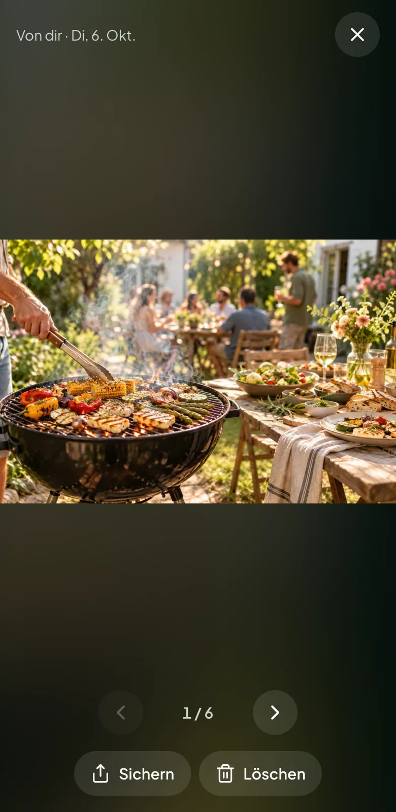 Ein Foto vom Grill in voller Größe, darunter „1 / 6“, „Sichern“ und „Löschen“