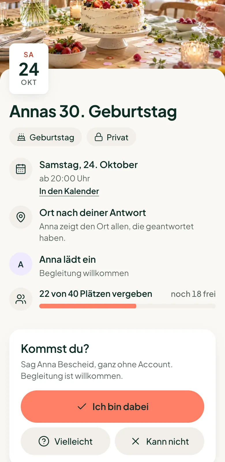 Die Einladung „Annas 30. Geburtstag“ auf dem Handy eines Gastes: ab 20 Uhr, der Ort erscheint erst nach der Antwort, darunter die Frage „Kommst du?“