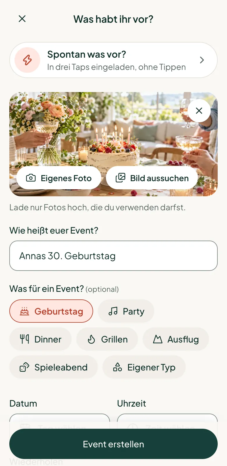 Das Formular „Was habt ihr vor?“ mit dem Titel „Annas 30. Geburtstag“, dem Typ Geburtstag und einem Titelbild mit Geburtstagstorte