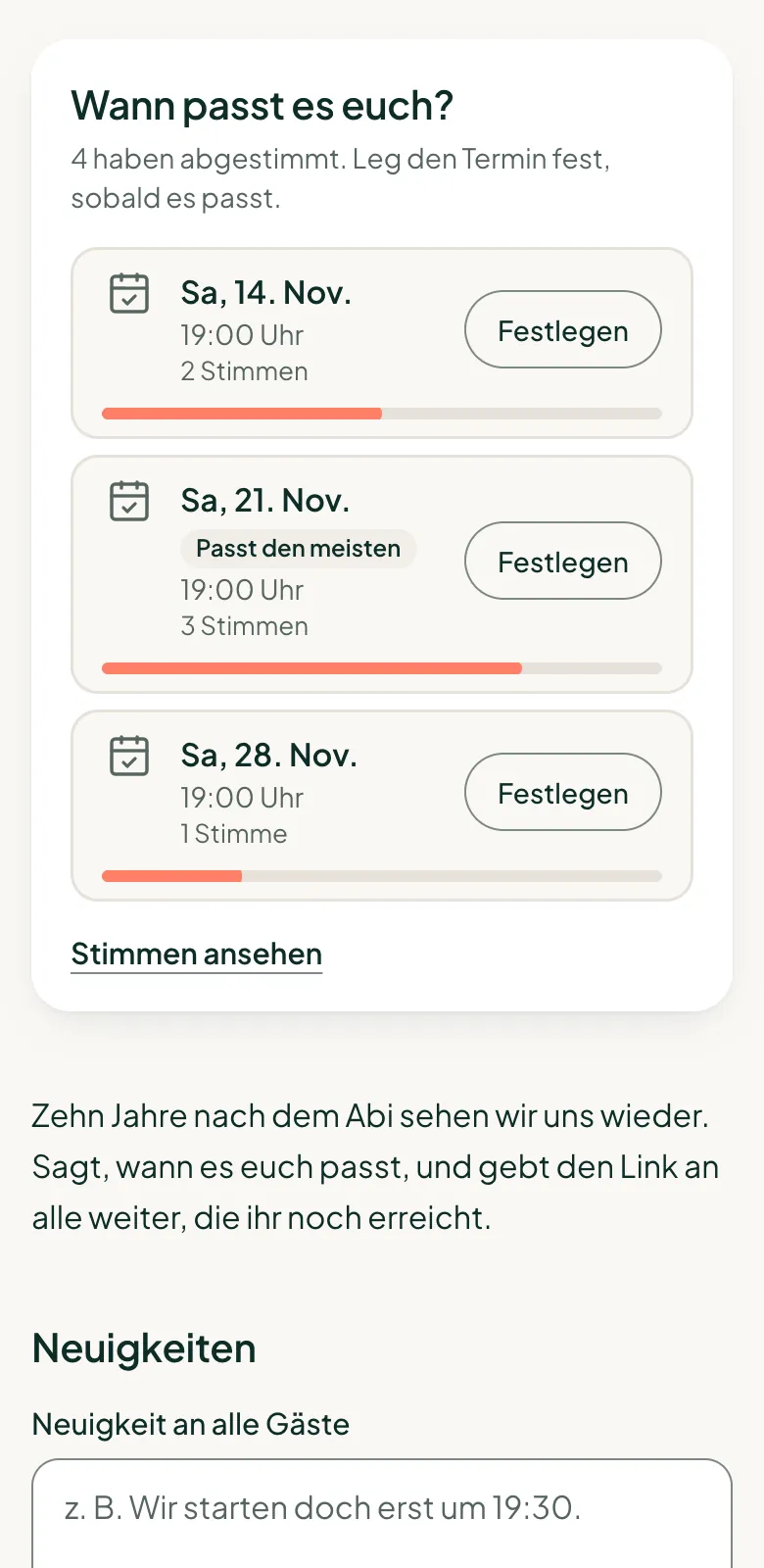 Die Abstimmung aus Sicht der Gastgeberin: Stimmen pro Termin, „Passt den meisten“ und der Button „Festlegen“