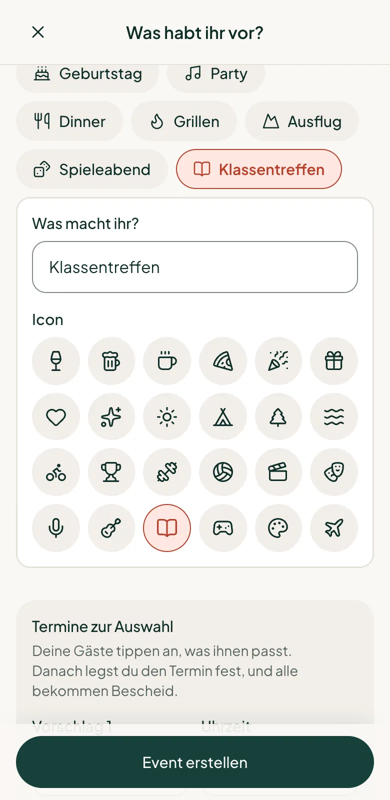 Das Formular „Was habt ihr vor?“ für ein Klassentreffen mit mehreren Terminvorschlägen