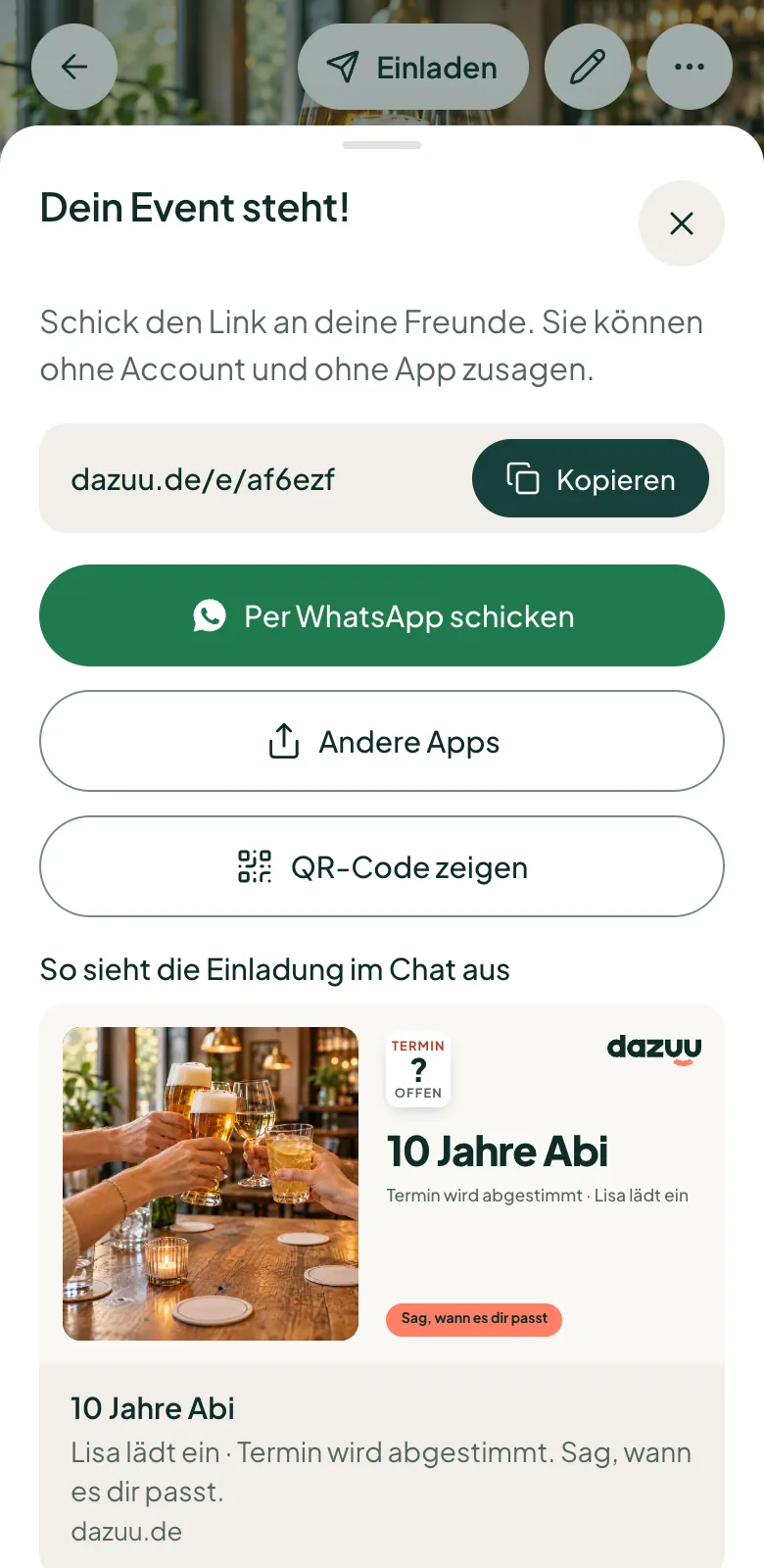 Das Fenster „Dein Event steht!“ nach dem Anlegen, mit „Per WhatsApp schicken“ und der Vorschau im Chat, die zur Abstimmung einlädt
