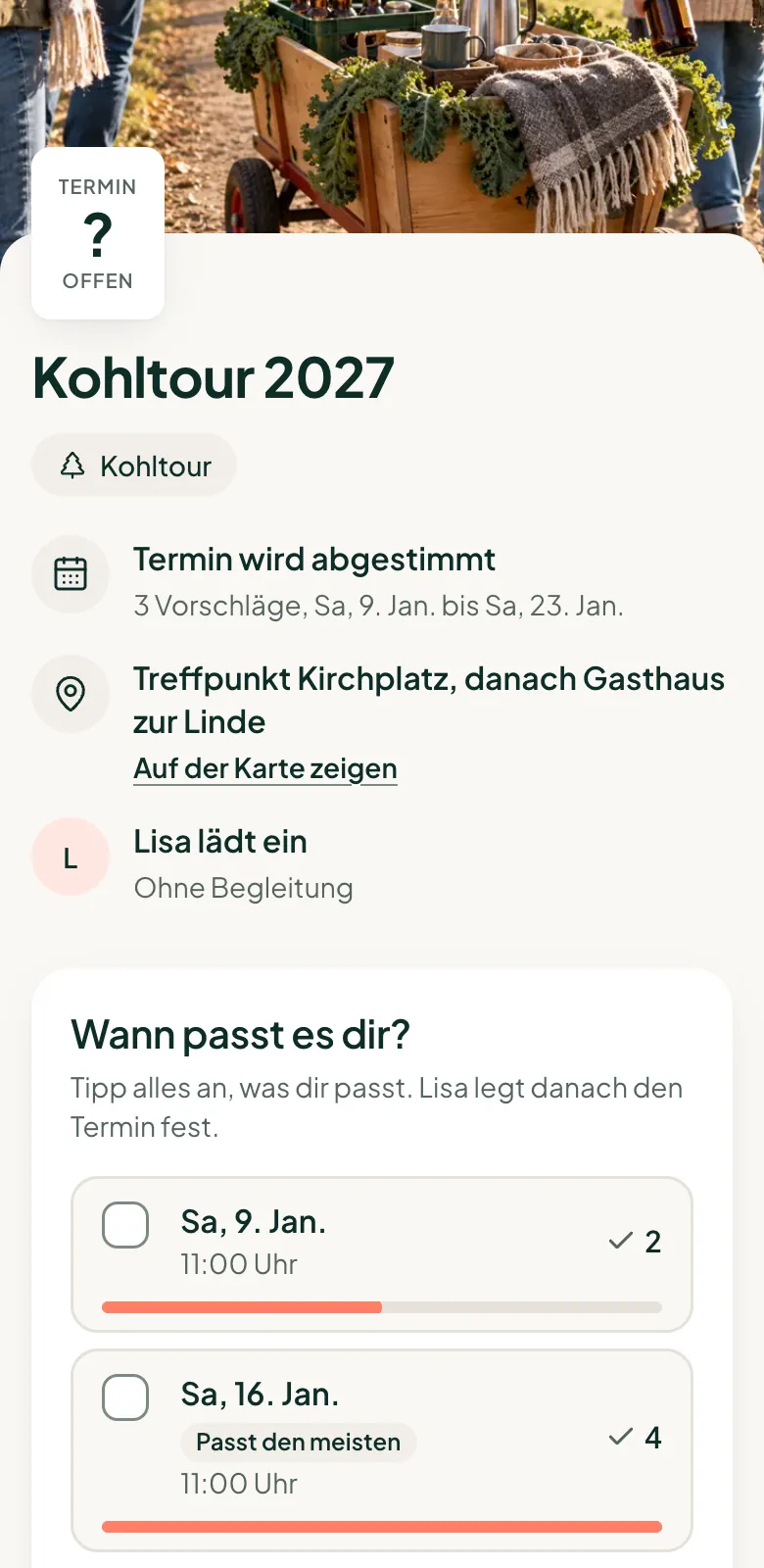 Die Einladung zur Kohltour auf dem Handy eines Gastes: Bollerwagen im Winter und „Wann passt es dir?“ mit drei Terminen zur Auswahl