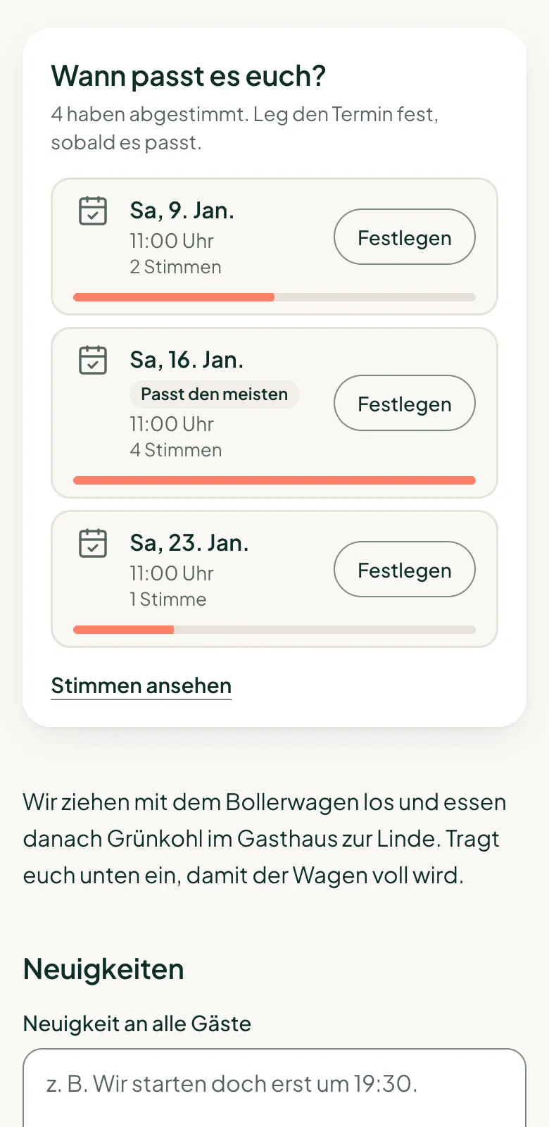 Die Abstimmung aus Sicht der Gastgeberin: Stimmen pro Termin, „Passt den meisten“ und der Button „Festlegen“