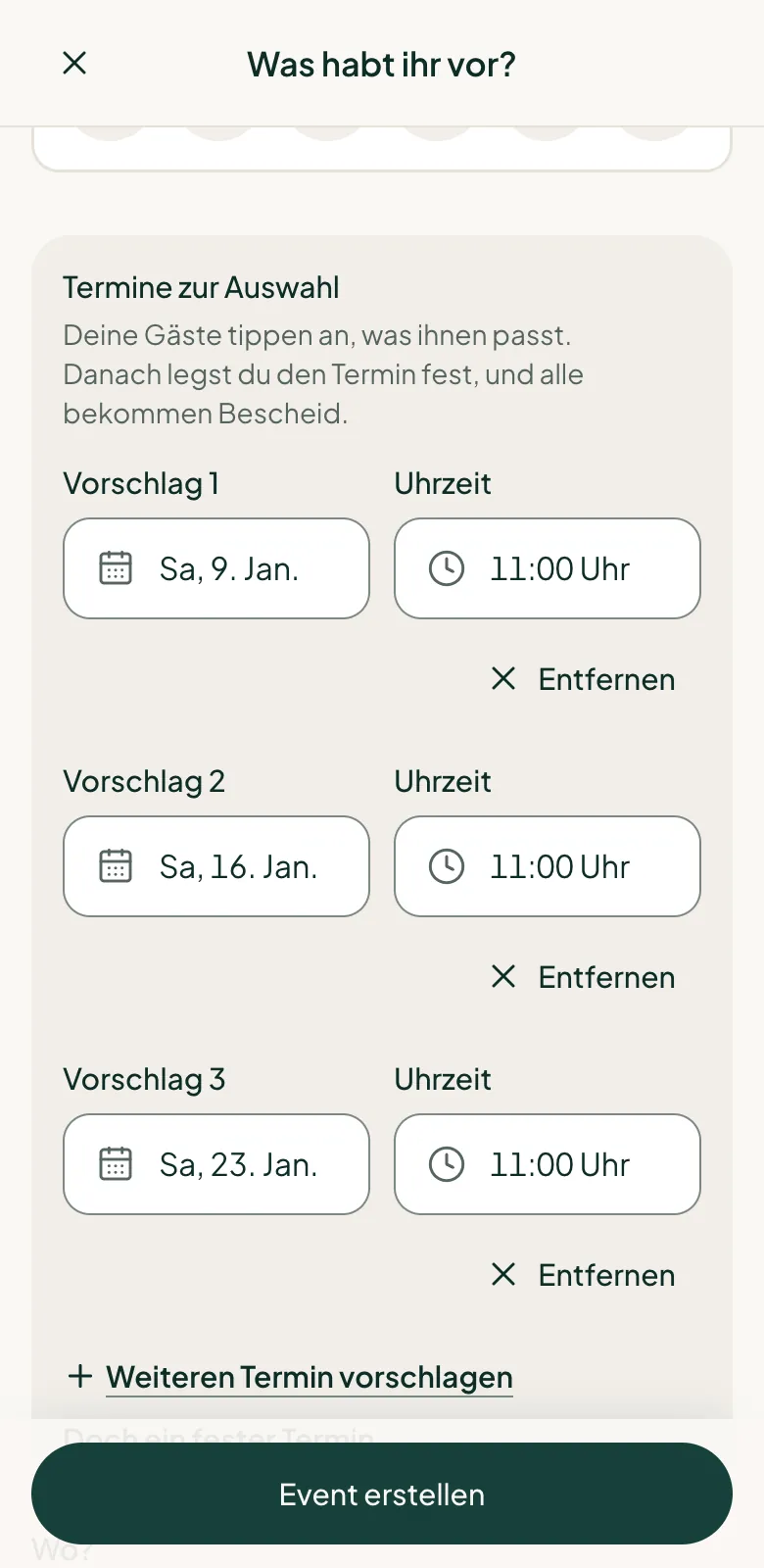 Das Formular „Was habt ihr vor?“ für eine Kohltour mit drei Terminvorschlägen im Januar
