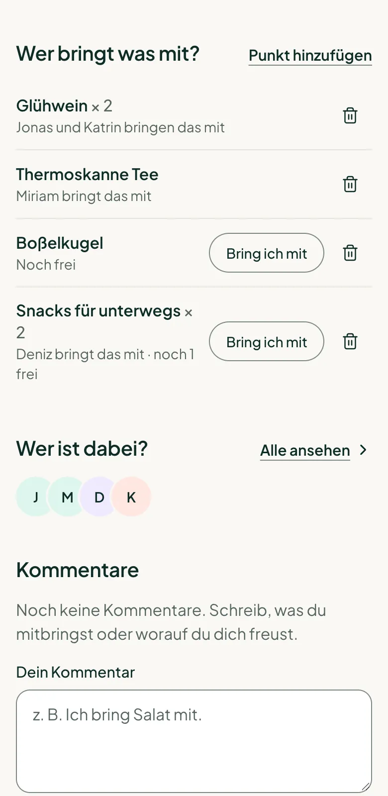 Die Liste „Wer bringt was mit?“ der Kohltour mit Glühwein, Thermoskanne Tee und Boßelkugel