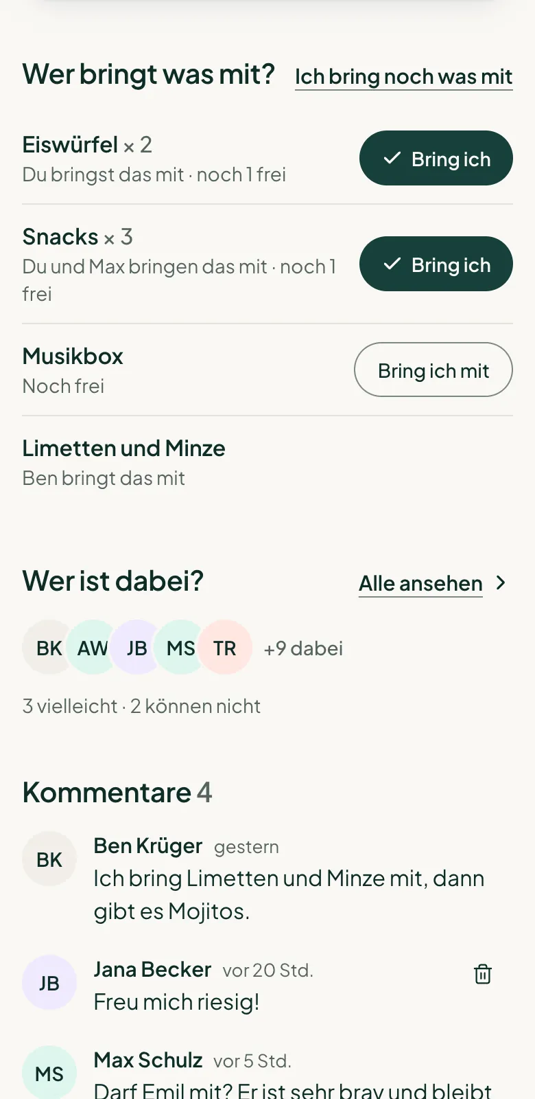 Die Liste aus Sicht eines Gastes: übernommene Punkte zeigen „Bring ich“, bei den anderen steht „Bring ich mit“