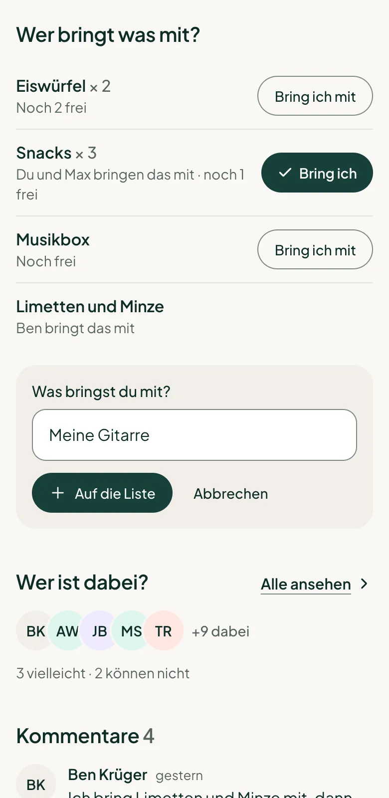 Ein Gast ergänzt die Liste: „Was bringst du mit?“ mit einer eigenen Idee und dem Button „Auf die Liste“