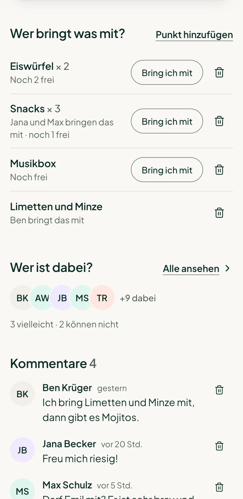 Die Liste „Wer bringt was mit?“ auf einer Einladung: bei jedem Punkt, wer ihn mitbringt und wie viele noch frei sind