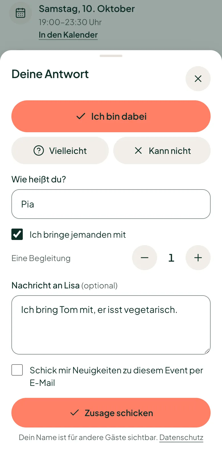 Das Antwortfenster für Gäste: Name, „Ich bringe jemanden mit“ und eine Nachricht an die Gastgeberin