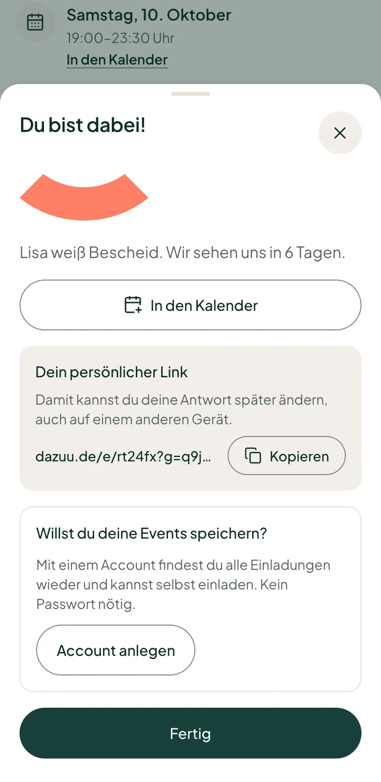 Die Bestätigung nach der Zusage: „Du bist dabei“ und der persönliche Link, mit dem sich die Antwort später ändern lässt