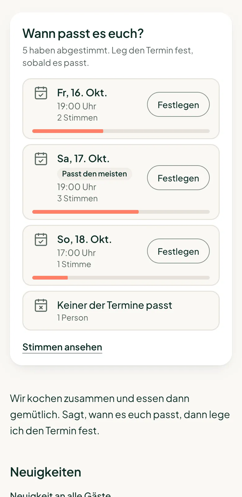 Die Abstimmung aus Sicht der Gastgeberin: Stimmen pro Termin, „Passt den meisten“ und an jedem Termin der Button „Festlegen“
