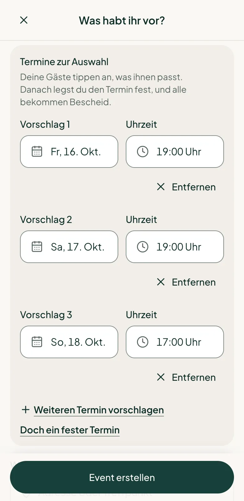 Das Formular mit drei Terminvorschlägen, jeweils mit Tag und Uhrzeit, darunter „Weiteren Termin vorschlagen“