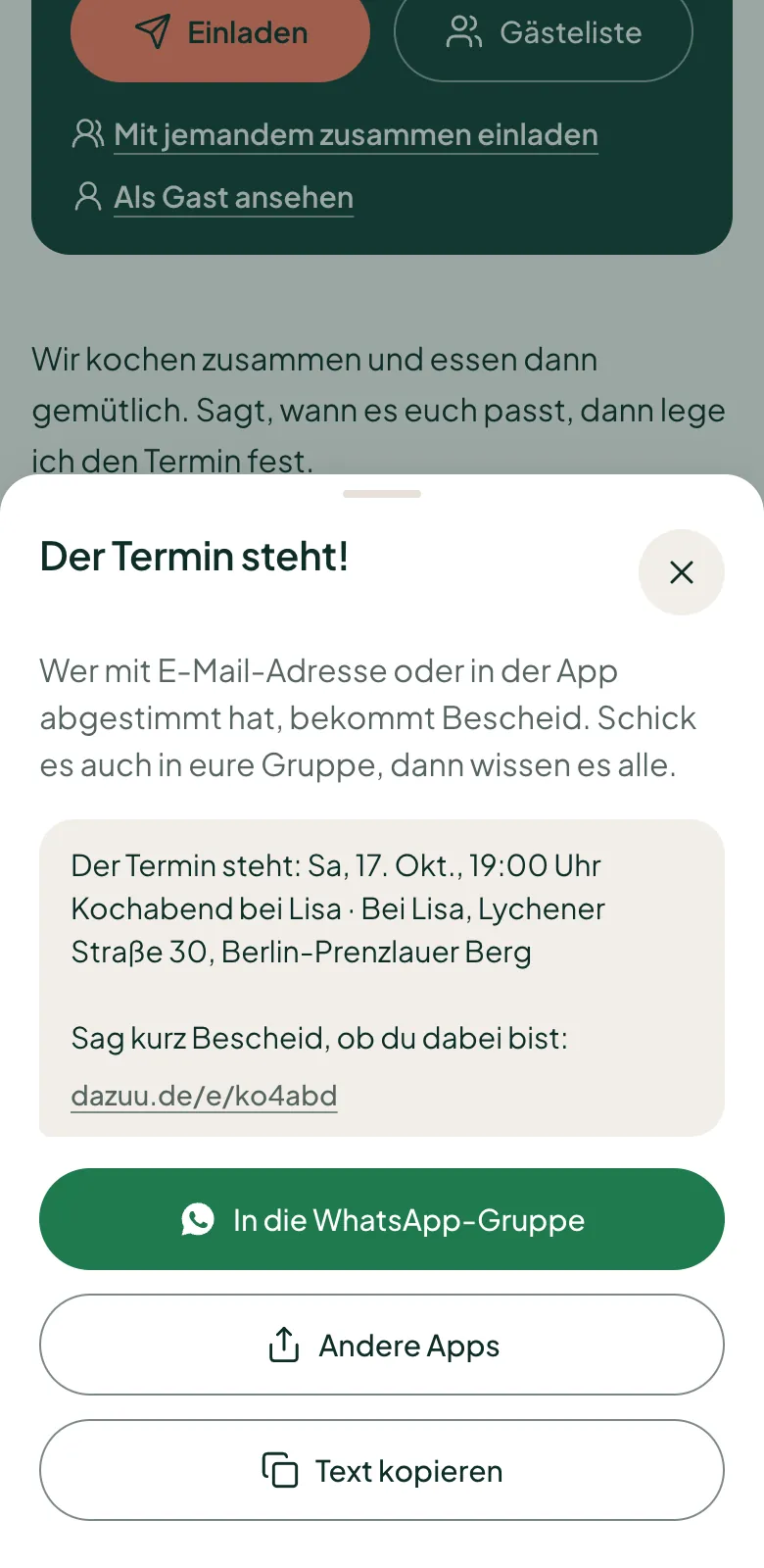 Das Fenster „Der Termin steht!“ mit der fertigen Nachricht und „In die WhatsApp-Gruppe“