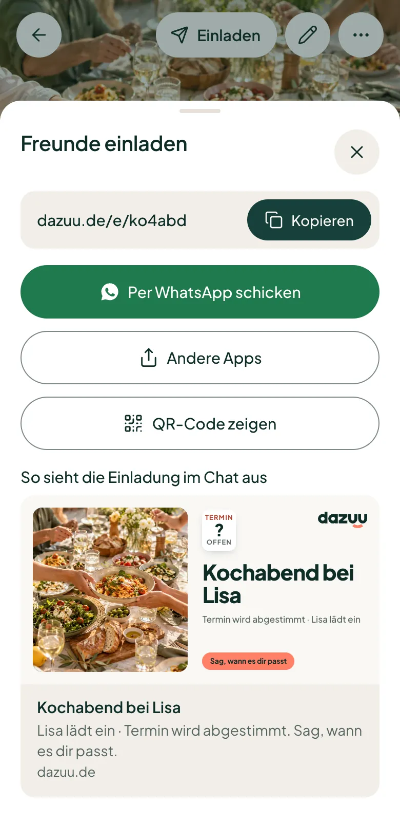 Das Fenster „Freunde einladen“ für den „Kochabend bei Lisa“, die Vorschau im Chat sagt „Termin offen“ und „Sag, wann es dir passt“
