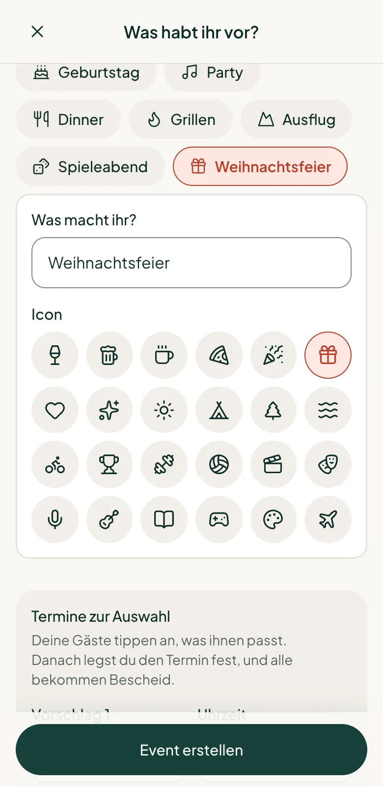 Das Formular „Was habt ihr vor?“ für eine Weihnachtsfeier mit eigenem Typ und Terminvorschlägen im Dezember