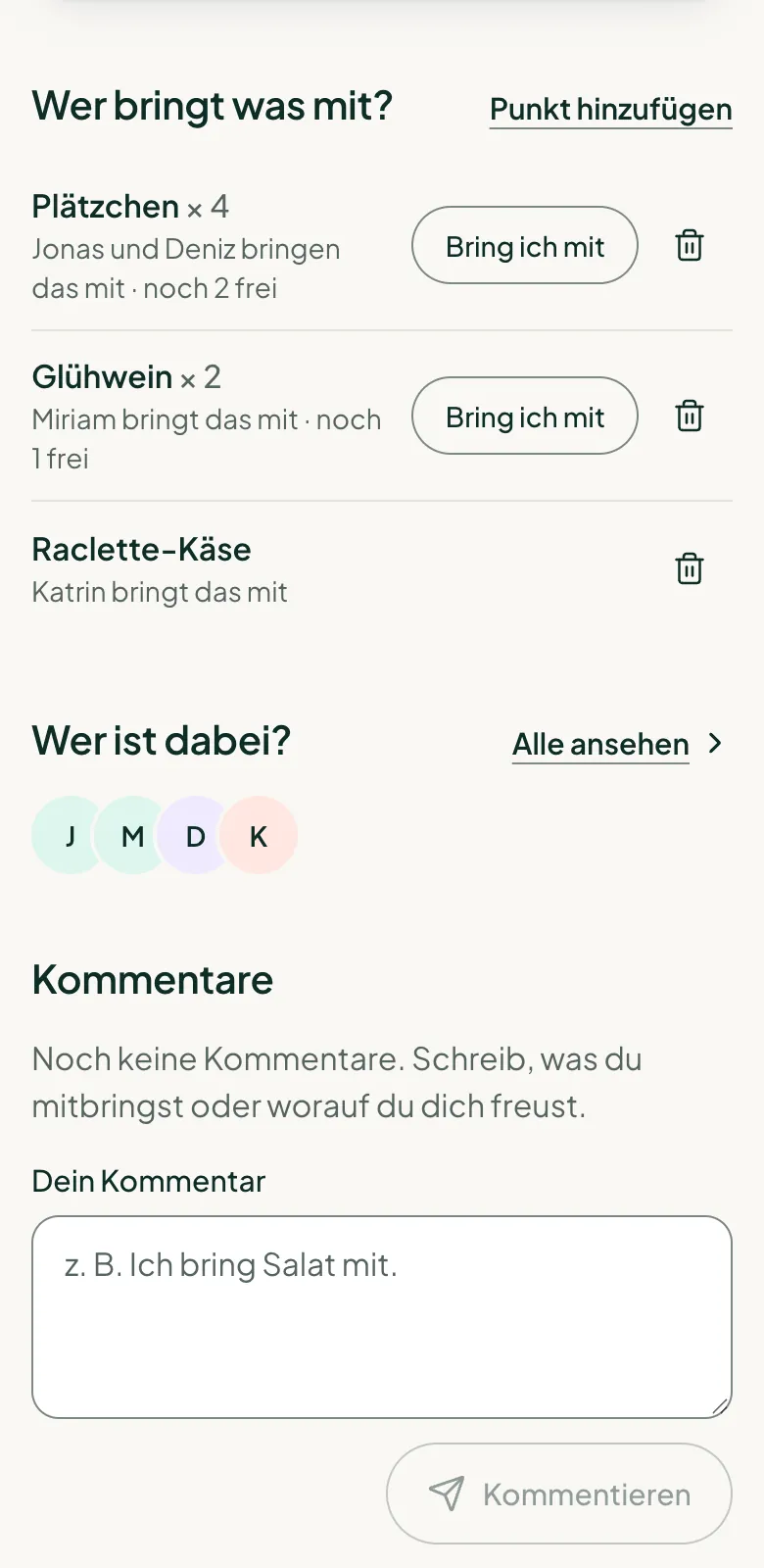 Die Mitbringliste der Weihnachtsfeier: Plätzchen, Glühwein und Raclette-Käse, darunter, wer was mitbringt