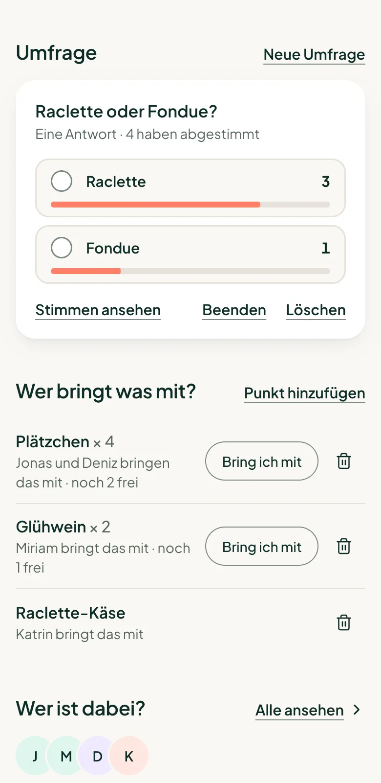 Die Umfrage „Raclette oder Fondue?“ auf der Einladung mit dem Stand der Stimmen