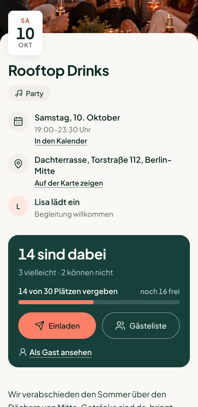 Die Einladung aus Sicht der Gastgeberin: „14 sind dabei“, 3 vielleicht, 2 können nicht und 14 von 30 Plätzen vergeben