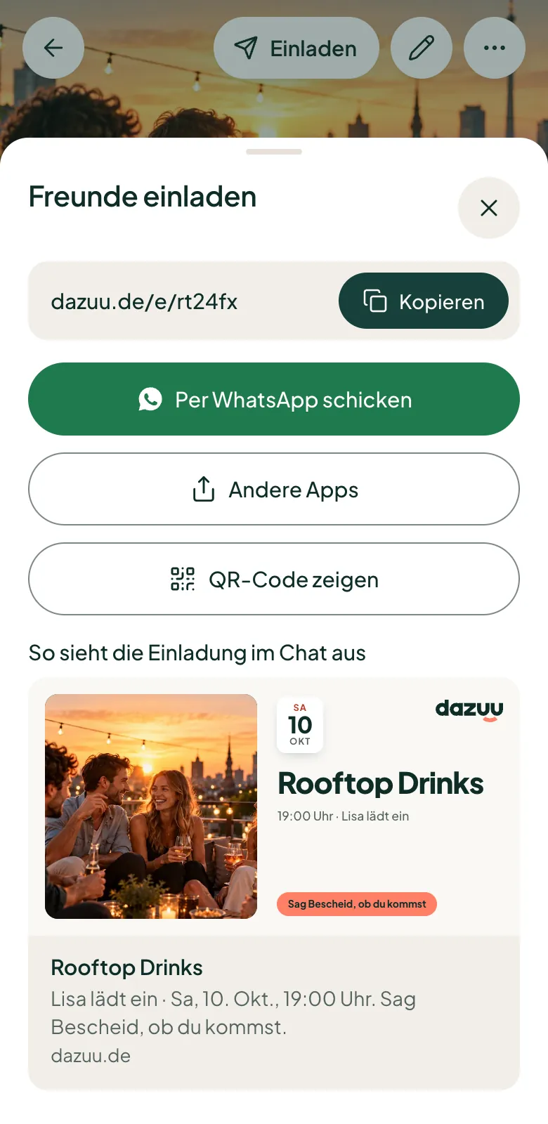 Das Fenster „Freunde einladen“ mit dem grünen Button „Per WhatsApp schicken“ und der Vorschau, wie die Einladung im Chat aussieht